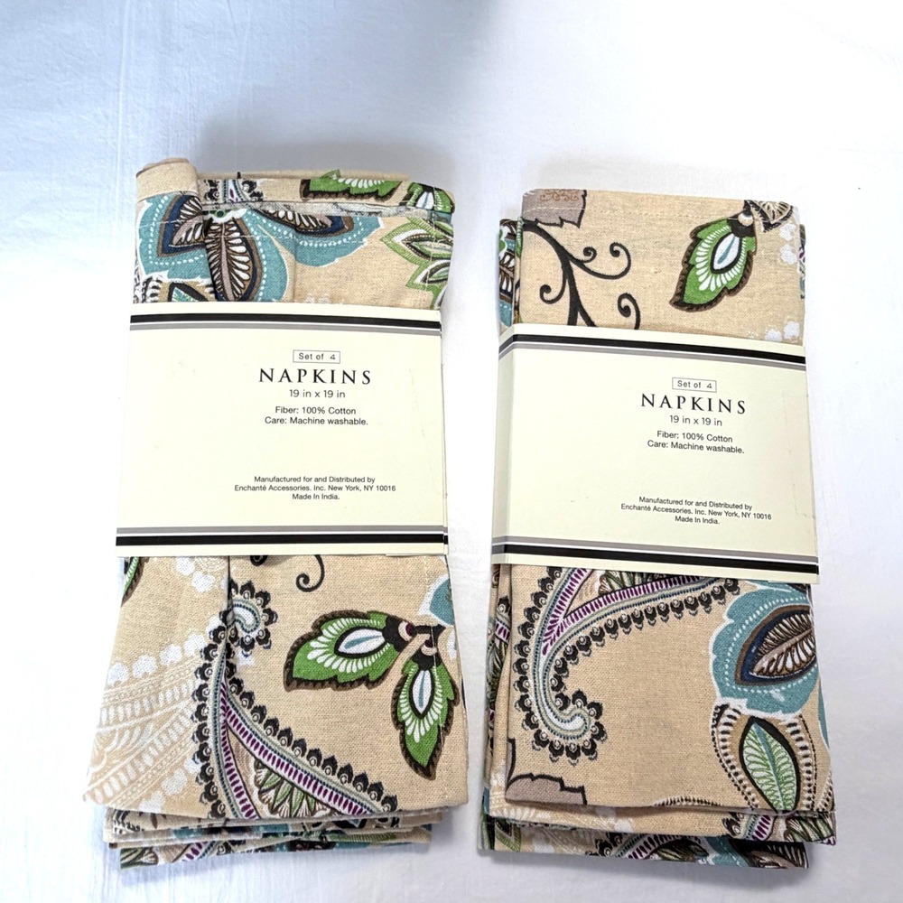 Raymond Waites Napkins Set of 8 19x19 Tan Blue Paisley 100% Cotton New Floral - Picture 5 of 7